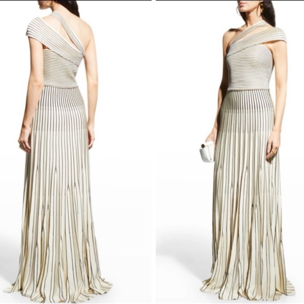 NWT ST. JOHN Striped Ottoman Pleated One Shoulder Gown Cream/Black Size 4 - Picture 3 of 17
